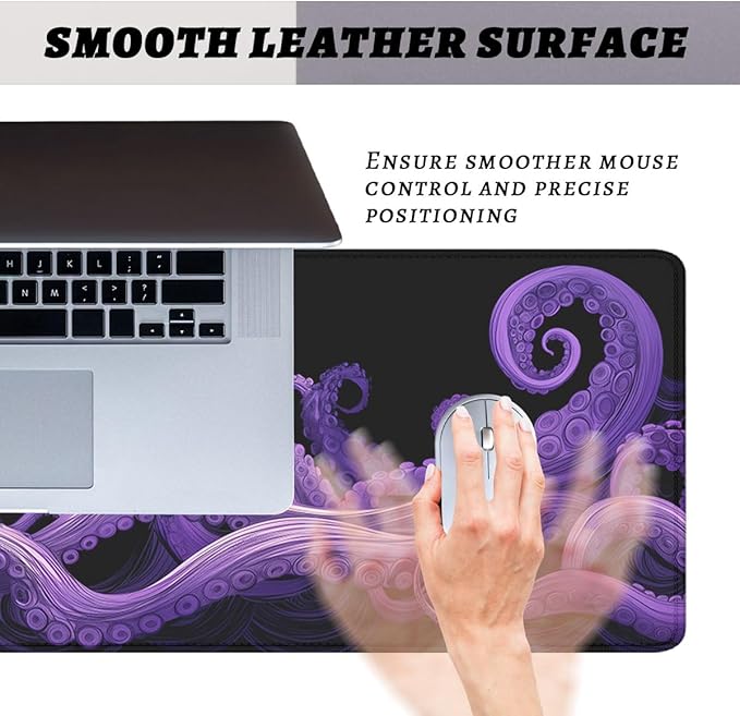 Octopus Tentacles Gaming Mouse Pad Ocean Purple Tentacles Waves Mousepad Extended Large Laptop Keyboard Non-Slip Rubber Base with Stitched Edges for Home 31.5x11.8 in