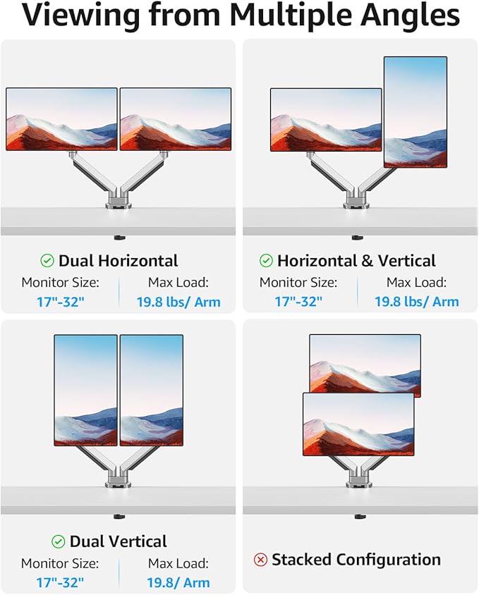 MOUNTUP Dual Monitor Desk Mount, Die-Cast Aluminum Fully Adjustable Double Monitor Arm, Computer Monitor Stand Fits 2 Screen 17 to 32 inch - Each Arm Holds 4.4-19.8LBS