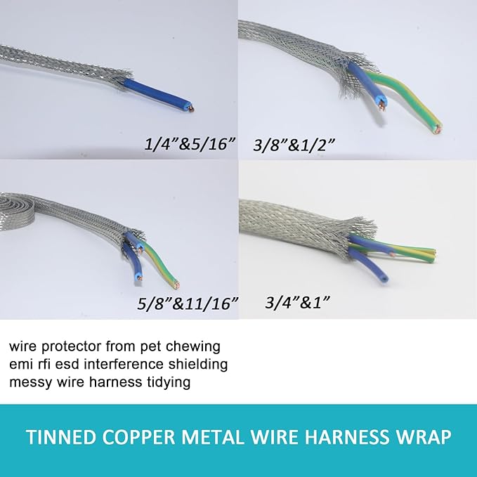 Tinned Copper Braided Cable Shielding Sleeve Metal Wire Loom Sheathing EMI RFI ESD Protector Grounding Mesh Flat Tubular Expandable 5/16" W(0.20" ID)-20FT