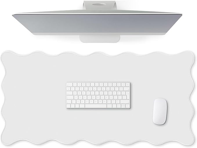Hahafelt Scalloped Desk Mat Large Desk Pad Cute Coquette Table Mat Aesthetic Preppy Table Make up Pad Nonslip 2026 Graduation Gift with Stitching Waterproof Gaming(White,31.5 x 15.8 Inches)