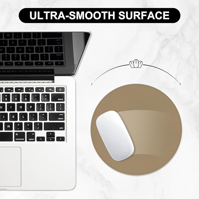Leather Mouse Pad, Office Mouse Mat Non-Slip Rubber Base Stitched Edge Washable Waterproof Round Mousepad for Office Gaming PC Laptop, Round Diameter 8.7 inches, Apricot