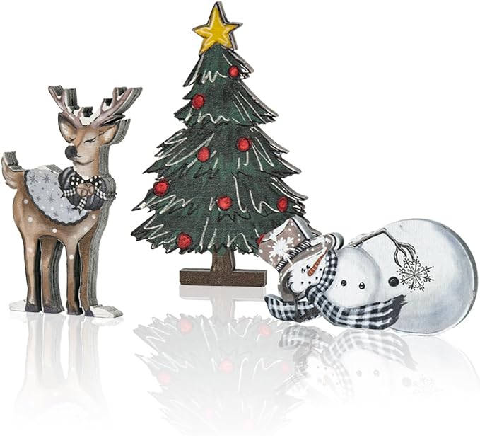 Smile 3 Pcs Wooden Blocks Christmas Signs, Reindeer Tree Snowman Tiered Tray Decorations, for Home Table Shelf.