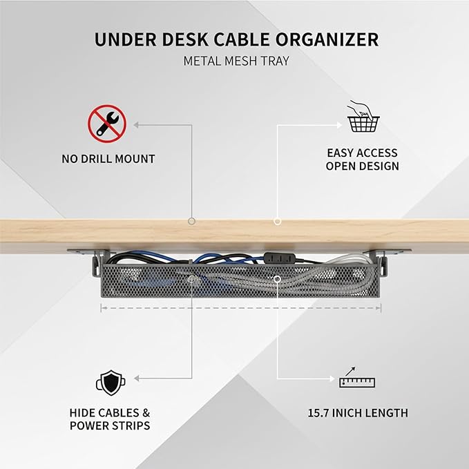 Under Desk Cable Management Tray, No-Drill Metal Mesh Cord Organizer Basket for Power Strips, 15.7 x 2.4 Inch, Gray