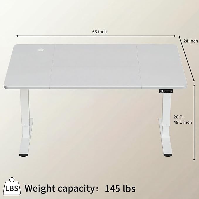 Furmax Electric Height Adjustable Standing Desk Large 63 x 24 Inches Sit Stand Up Desk Home Office Computer Desk Memory Preset with T-Shaped Metal Bracket, White