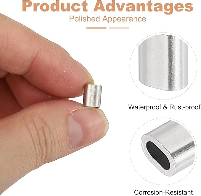uxcell 1/16"(2mm) Wire Rope Stop Sleeve, 304 Stainless Steel Cable Wire Rope Crimping Loops Sleeve Ferrules for Cable Ferrule, Silver 20Pcs