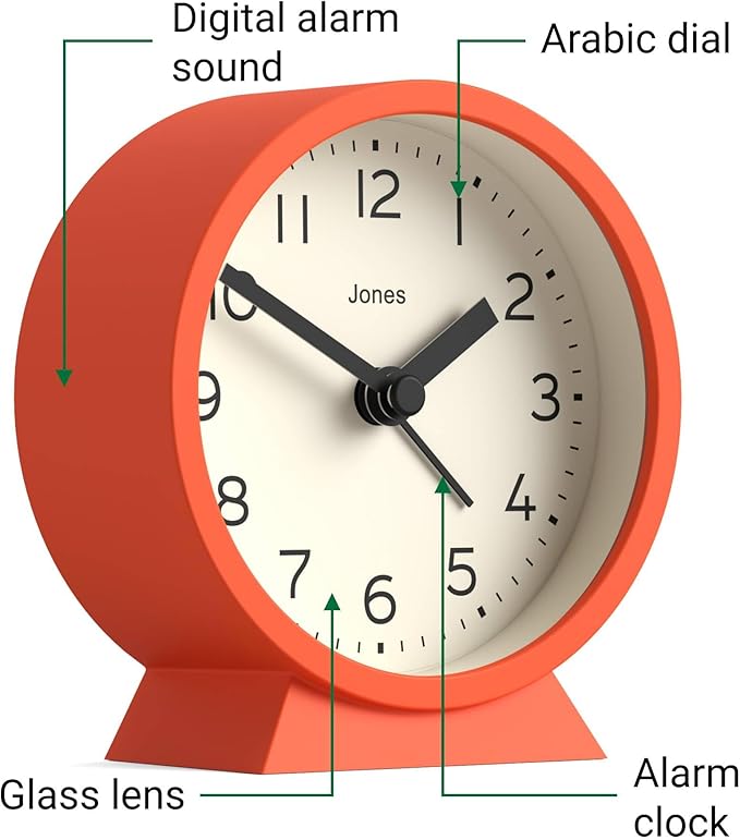 JONES CLOCKS® Midnight mini Alarm Clock | Contemporary Design | Orange | Stylish, Compact and Functional for Bedside, Desk or Shelf