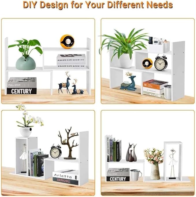 Mmdipon Small Wood Adjustable Desktop Bookshelf, Expandable Storage Rack, Display Shelf, Office Supplies Organizer (White)
