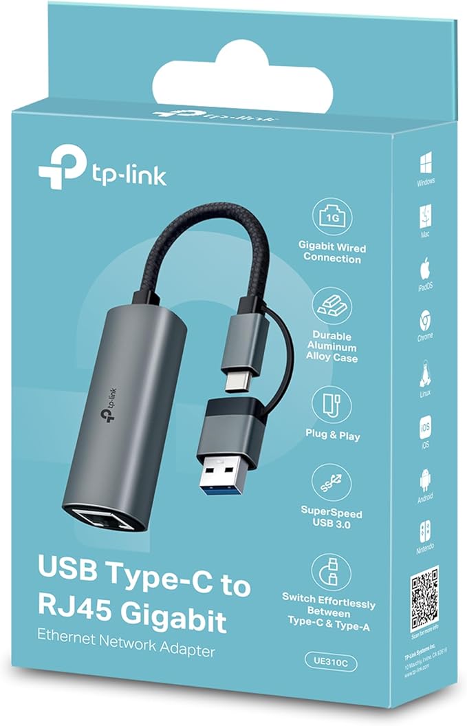 TP-Link 2-in-1 USB 3.0 & USB C to Ethernet Adapter, RJ45 Gigabit LAN, Plug & Play, Aluminum Case, Ethernet Adapter for Laptop, Thunderbolt 4/3 Compatible with Windows, Mac/iPad OS & More (UE310C)
