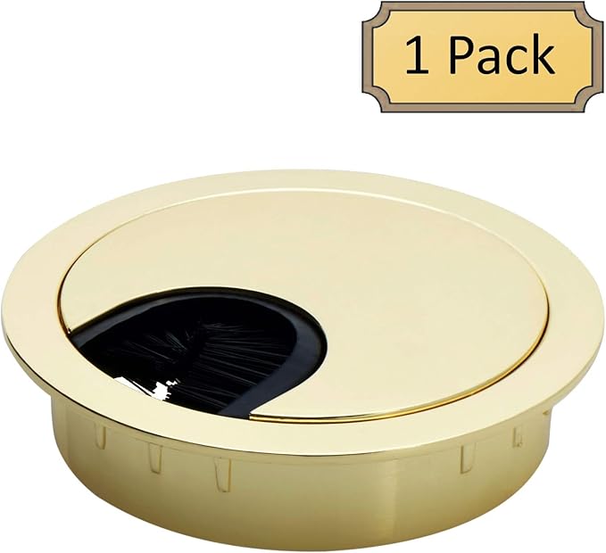Polished Brass Metal Cable Grommet | 2 Piece "Lock in" Feature with "Brush" Opening for Management of Office & Computer Desk Wires | 60mm (2 3/8") Hole Opening | 1 Pack