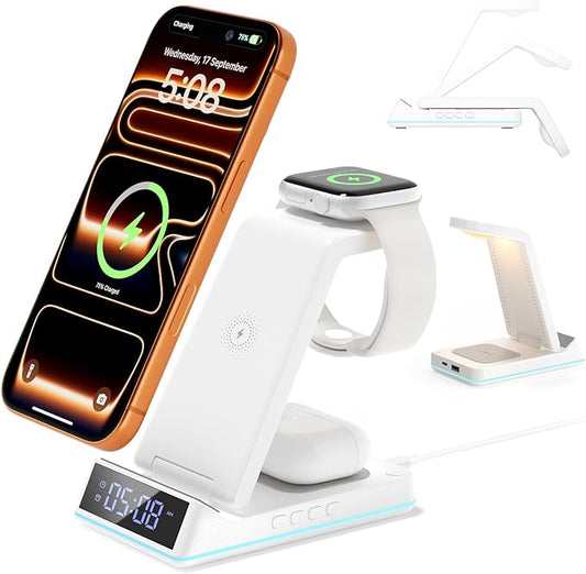2026 Upgraded Wireless Charging Station, 7 in 1 Wireless Charger Station Foldable Charger Stand with Night Light/Alarm Clock for iPhone 17 16 15 14 13 12 Pro Max Plus, Apple Watch, AirPods 4/3/2/Pro