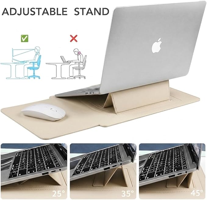 4-in-1 Laptop Sleeve with Stand and Mouse Pad, Faux Leather Protective Case with Accessory Pouch for 13.3-14 Inch Laptops (Beige)