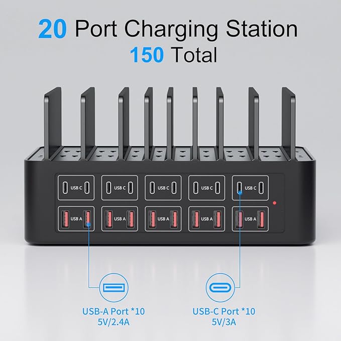150W/35A Charging Station for Multiple Devices, 20 Port USB C Fast Charging Station with Adjustable Dividers - Organizer Charging Dock for Smartphone, iPad, Kindle, Tablet & More