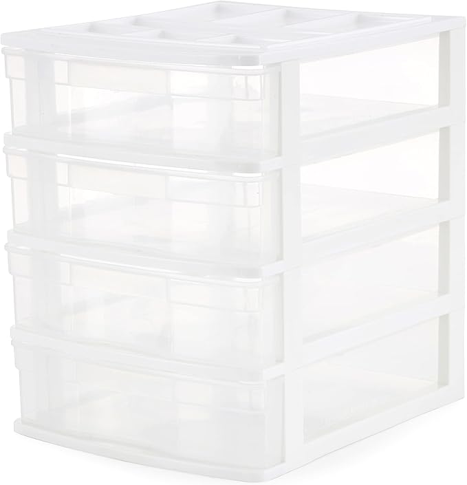 Gracious Living 4 Drawer Desktop & Countertop Organizer w/Organization Lid for Craft Storage, Office Supplies & School Supplies, White/Clear (3 Pack)