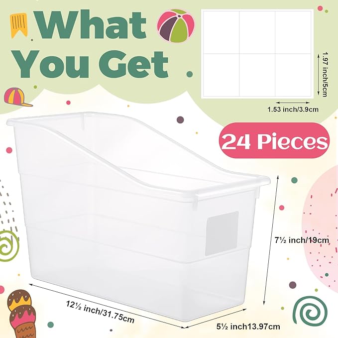 Suzile 24 Pcs Book Bins with Labels Linking Storage Bins Folder Magazine File Holder Interlocking Plastic Book Organizer Container for Office Classroom Home (Clear)