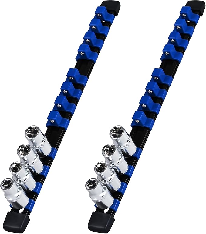 Socket Organizer, 1/2-Inch Drive Heavy Duty Socket Holder Kit, ABS Socket Rail 1/2" x 12 Clips Blue, 2 Pieces