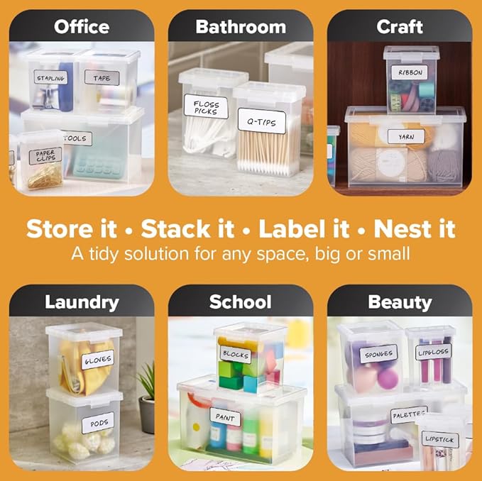 Bostitch Konnect Storage Containers with Lids, Clear Plastic Box, Stackable for Crafts, Home, and Office Organization, Labels, 5 Piece (1 4Qt Box, 21.5-Qt Boxes, 2 0.5-Qt Boxes)