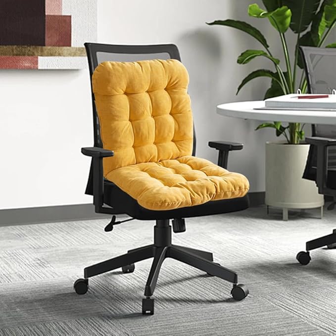 Desk Chair Cushion,Non-Slip Office Chair Pad with Ties,Soft Seat Cushion with High Back Support for Dorm,Car,Dining Room,Kitchen,Rocking Chairs (Yellow)