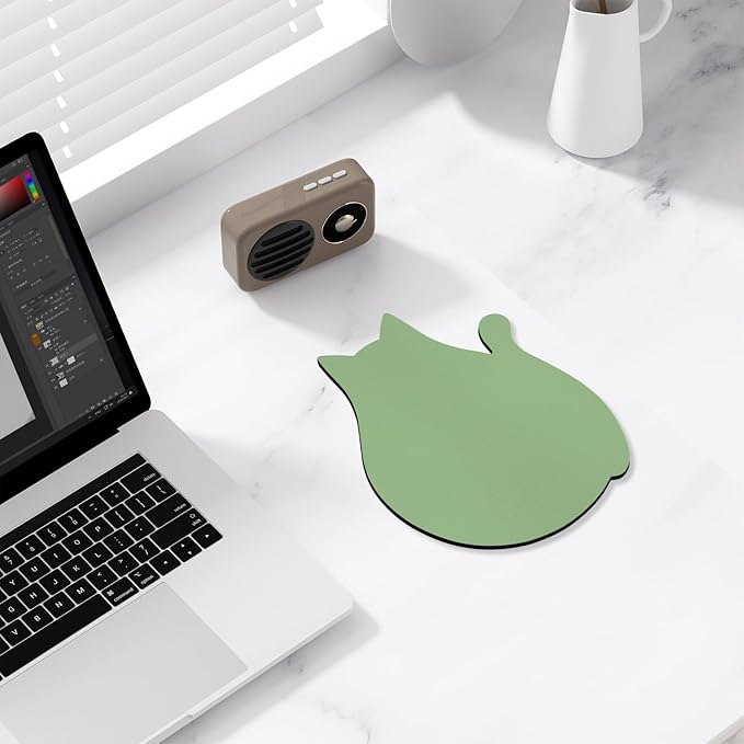 Funny Leather Mouse Pad Cute Cat Shape Office Desk Accessories Decor for Women Small Mousepad with Non-Slip Rubber Base Washable Waterproof, 9.7" x 8", Lake Green