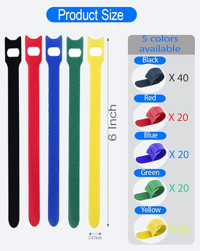 120 Pack Reusable Cable Ties 6 Inch – Multi-Color Hook and Loop Cord Ties for Wire Management – Color-Coded Cable Straps for Electronics, PC, Desk & Gaming Setup