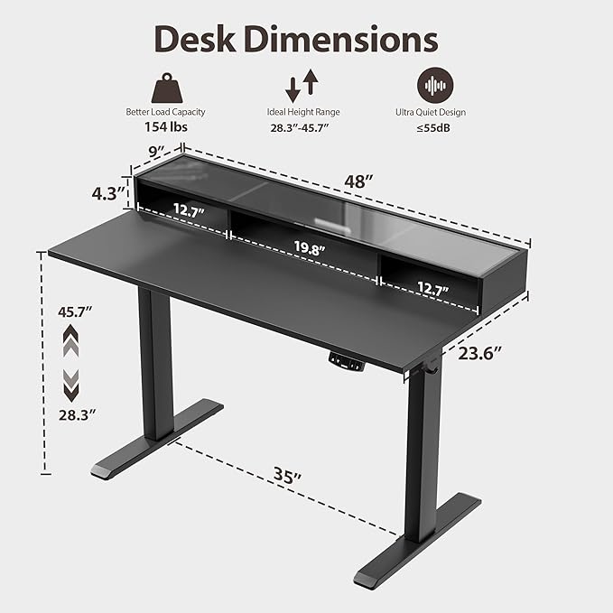 Agilestic 48 x 24 Inches Electric Standing Desk with Storage, Adjustable Height Sit and Stand Computer Table with Glass Shelf, Splice Board, Black