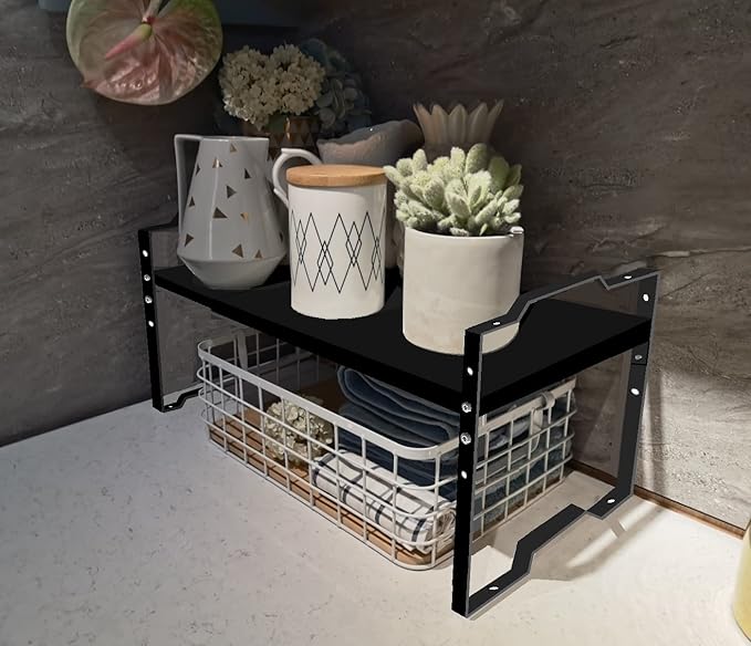 Jojocross Expandable Shelf for Cabinet Organizer Adjustable Stackable Spice Rack at Kitchen and Bathroom More, Counter Countertop Cupboard Organization Pantry Storage(LARGE/2PACKS/BLACK)