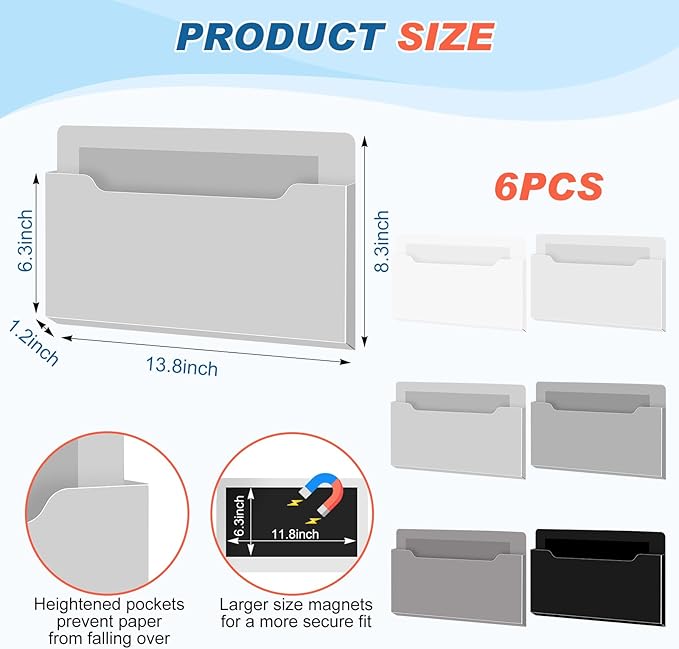Fuutreo 6 Pcs Magnetic Wall File Organizer Magnetic Wall File Holder Refrigerator Magazine Holder for Mail Letters Paper(Achromatic Colors,Horizontal-large)