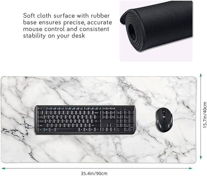 White Marble Large Mouse Pad & Desk Mat Extended Mousepad with Stitched Edges Non-Slip Rubber Base Laptop Computer Keyboard Pad for Gaming, Office & Home Decor, XXXL - 35.4" X 15.7"