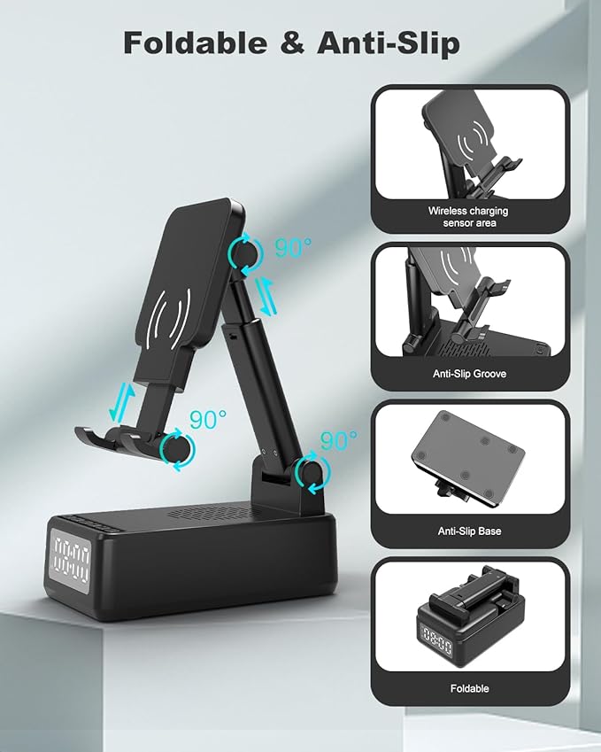Birthday Gifts for Men Women,Cell Phone Stand with Wireless Bluetooth Speaker,Wireless Phone Charger Stand Alarm Clock for iPhone,Holiday Gifts for Men Women Dad Mom Husband Teen Cool Tech Gadgets