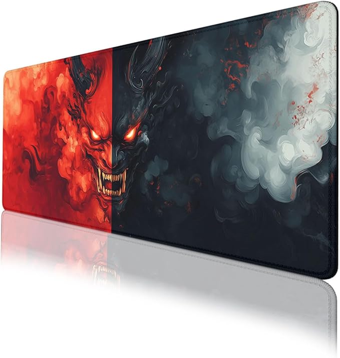 Cartoon Demon Mouse Pad Red Black Evil Japanese Ghost Face Extended Keyboard Mouse Mat for Computer Office, Big Laptop Mouse pad, Gaming Pc 31.5x11.8 in