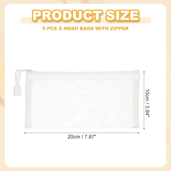 PATIKIL A6 Mesh Zipper Pouch Bags, 5 PCS Mesh Bags with Zipper Plastic Storage Pocket for Organizing File Beads Office Home Supplies, 10x20cm, White