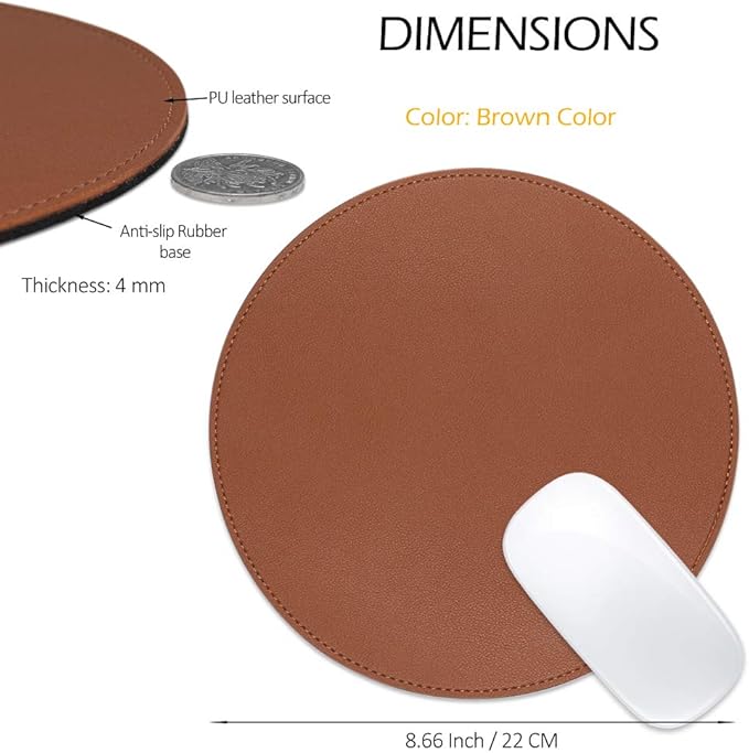 ProElife Premium Cute Round Mouse Pad Mat Waterproof PU Leather 8.66-Inch Mousepad with Anti-Skid Base Stitched Edge for Home Office Gaming Computer Laptop Accessories (Brown)