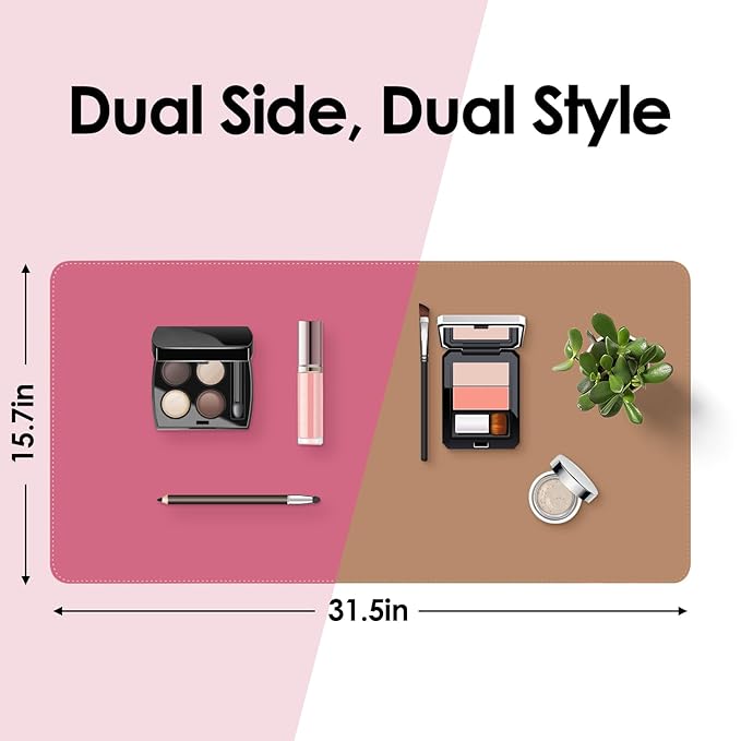 Makeup Mat for Vanity to Protect Desk Top 31.5 x 15.7 in, Dual-Sided Makeup Mat, Easy to Clean Desk Pad - Waterproof and Oilproof Vanity Accessories (Hot Pink and Khaki)