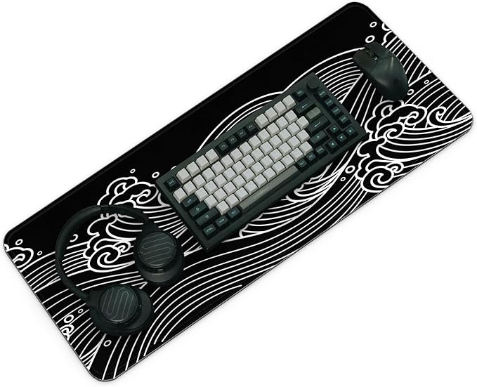 Gaming Mouse Pad with Anti-Slip Rubber Base, Extended Large Computer Mouse Mat with Stitched Edges, Long XL Anime Mousepad for Laptop and Keyboard, 31.5 x 11.8 inch (Black and White Wave)