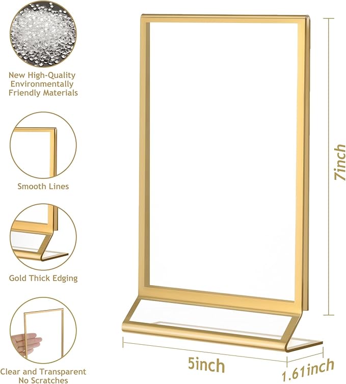 Petallush 6PCS Gold Acrylic Picture Frame Stands Holders for Tables Display 5x7, Double Sided Acrylic Wedding Table Number Sign Holder, Clear Menu Flyer Paper Holder for Wedding Party Decor