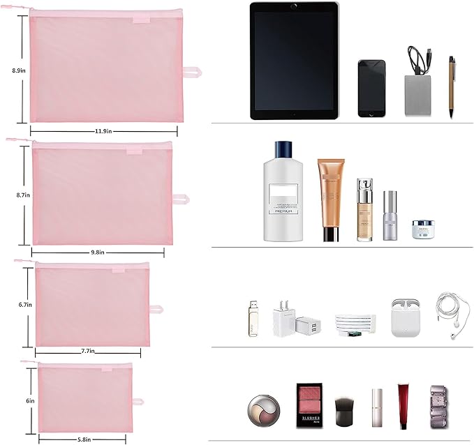 SUPACOOL Set of 4 Travel Mesh Makeup Bag, Cosmetic Organizer Pouches with Zipper, Diaper Organizing Pouches, Nylon Toiletries Bag for Women and Men(4pcs, Pink)