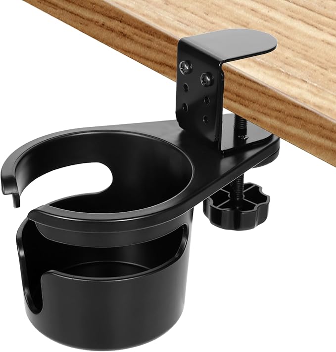 FMOACEN 3-Stage Adjustable Desk Cup Holder Clamp, 360° Rotating Anti-Spill Tray for Water Bottles & Mugs, Heavy-Duty Under Desk Organizer for Office, PC Gaming & School, Black