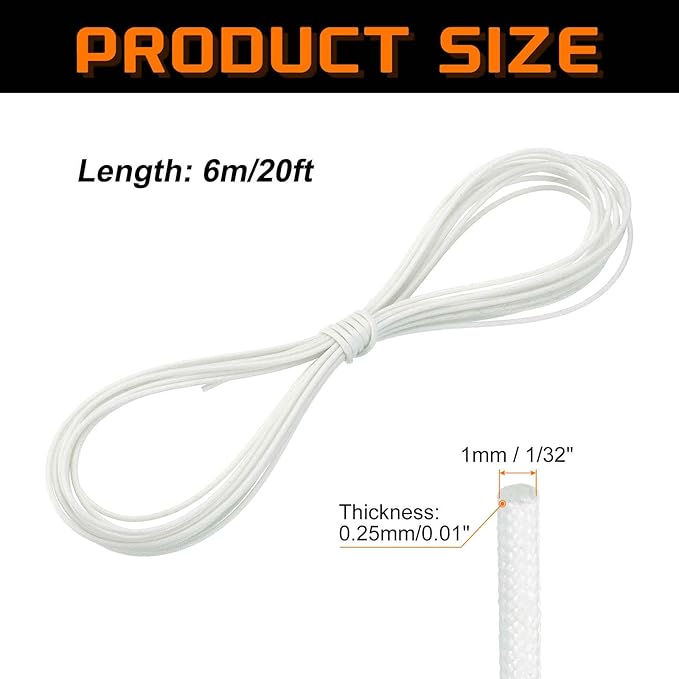 MECCANIXITY 20ft Braided Cable Sleeve, 1/32" ID 200C Heat Resistant 1500V Fiberglass Wire Insulation Cord Protector Organizer Wires Management for Motor Engine Fuel Line, White
