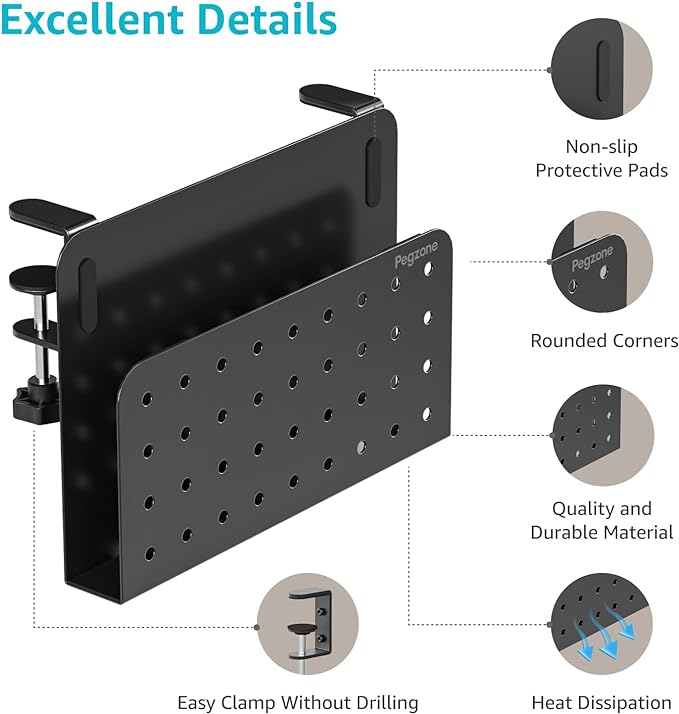 PEGZONE Desk Side Storage Organizer, No Drill Under Desk Laptop Holder, Clamp on Desks Shelf with Pegboard Accessories, Hanging Laptop Mount, Fits Flat Edge 0.4" to 2.2", Black