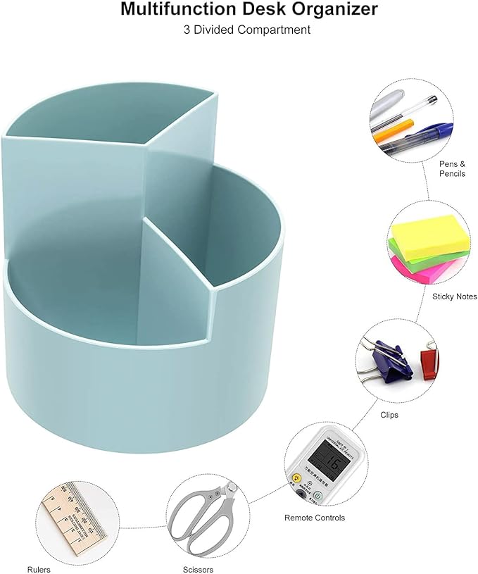 Siveit Desk Pencil Pen Holder, Desk Organizers 3 Slots 360-Degree Rotating Pen Holder for Desktop Storage Stationery Supplies Organizer, Home, Office, School, Kids, Blue