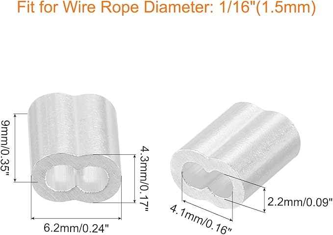 uxcell 100Pcs Aluminum Crimping Loop Sleeve for 1/16" Diameter Wire Rope, Double Ferrule Aluminum Wire Rope Sleeve for Cable Line End