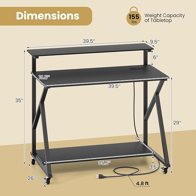 Tangkula 39.5" Mobile Computer Desk with Power Outlets, Rolling Laptop Workstation with Monitor Stand & Storage Shelf, Gaming Writing Desk with Lockable Wheels for Home Office Bedroom (Black)