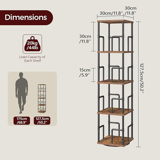 MAHANCRIS 4-Tier Rotating Bookshelf, Freestanding Corner Bookshelf, 360° Spinning Bookcase, Industrial Style Storage Rack with Rails, for Living Room, Bedroom, Study, Rustic Brown and Black BKHR1501