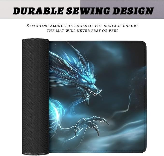 Blue Dragon Mouse Pad, Dark Fantasy Fire Dark Art Gaming Desk Mat with Stitched Edges,Non-Slip Waterproof Rubber Base Mouse Mat, 31.5x11.8in Mouse Pads for Desk Home Office Gaming