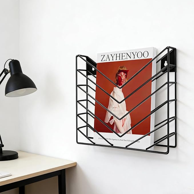 Hanging Wall File Organizer, Wall Mounted Magazine Rack, Wall File Holder Storage Metal for Office and Bathroom Hanging Magazine, Mail, Paper, Document Folder and Books(Black)