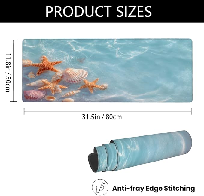 Starfish Beach Ocean Large Mouse Pad Non-Slip Rubber Long Gaming Desk Mat Big Computer Keyboard Mousepad Waterproof Protector Wristing Pad for Gaming Office Home Decorative 31.5 X 11.8 Inch