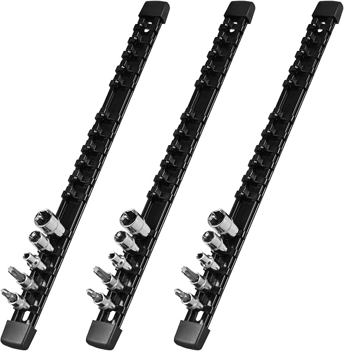 Socket Organizer, 1/4-Inch Drive Heavy Duty Socket Holder Kit ABS, Socket Rail 1/4-Inch x 16 Clips Black, 3 Pieces