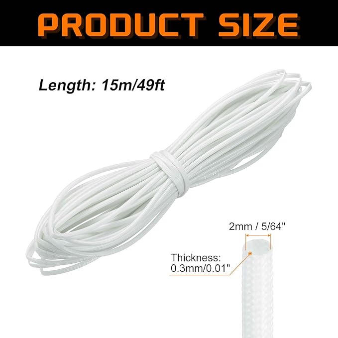 MECCANIXITY 49ft Braided Cable Sleeve, 5/64" ID 200C Heat Resistant 1500V Fiberglass Wire Insulation Cord Protector Organizer Wires Management for Motor Engine Fuel Line, White