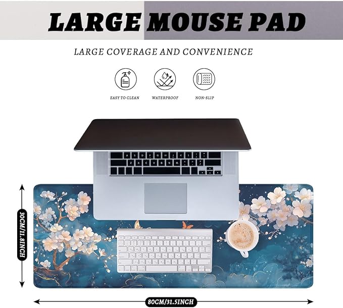 Cherry Blossoms Mouse Pad Japan Watercolor Sky Butterflies Extended Mousepad Waterproof Stitched Edges Rubber Base Non-Slip Deskpad Computer Keyboard Mat 31.5x11.8 in