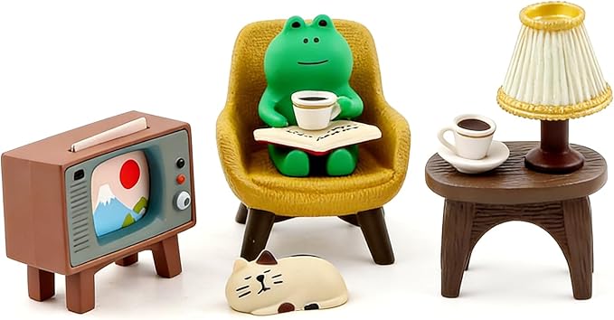 Miniature Tabletop Figurine Set, Cute Mini Frog and Cat Figurine with Small Sofa TV Table Lamp for Home Office Bedroom Shelf Desk Decorative, Frog Cat Lovers Birthday Gift(Color:Multicolor)