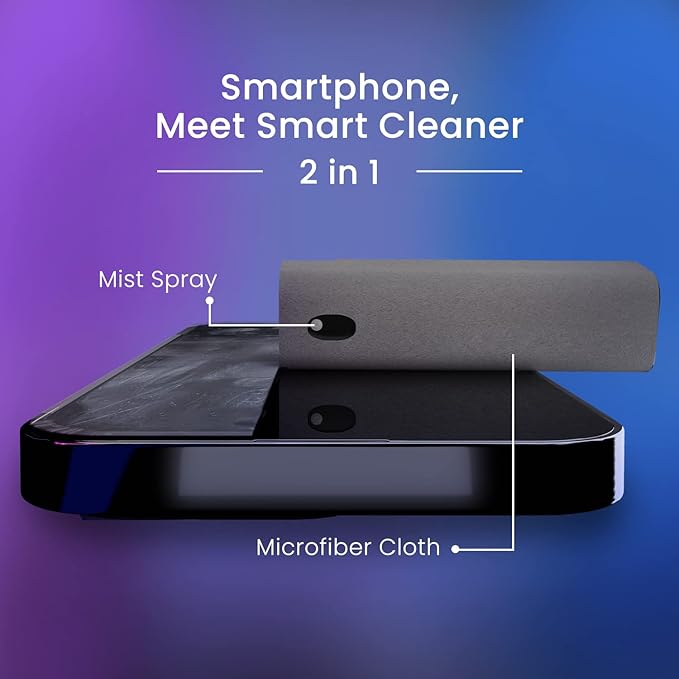 EVEO Car Screen Cleaner Spray and Wipe -2-in-1 iPhone Cleaner, iPad Screen Cleaner & Phone Screen Cleaner - Touchscreen Mist Cleaner for Laptop, Computer, MacBook and More - 2 Pack (Grey & Purple)